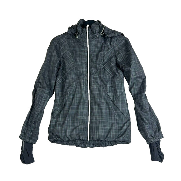 Lululemon Jacket Womens 4 33" Run Hustle Gray Plaid Hood Reflective Thumb Hole - Picture 1 of 10